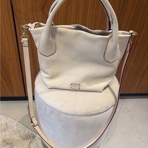 Frances Valentine Cream Leather Shoulder Bag with Maroon Trim